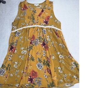 Umgee USA Womens L Mustard Floral Babydoll Tunic Dress Boho Sleeveless Split Nec
